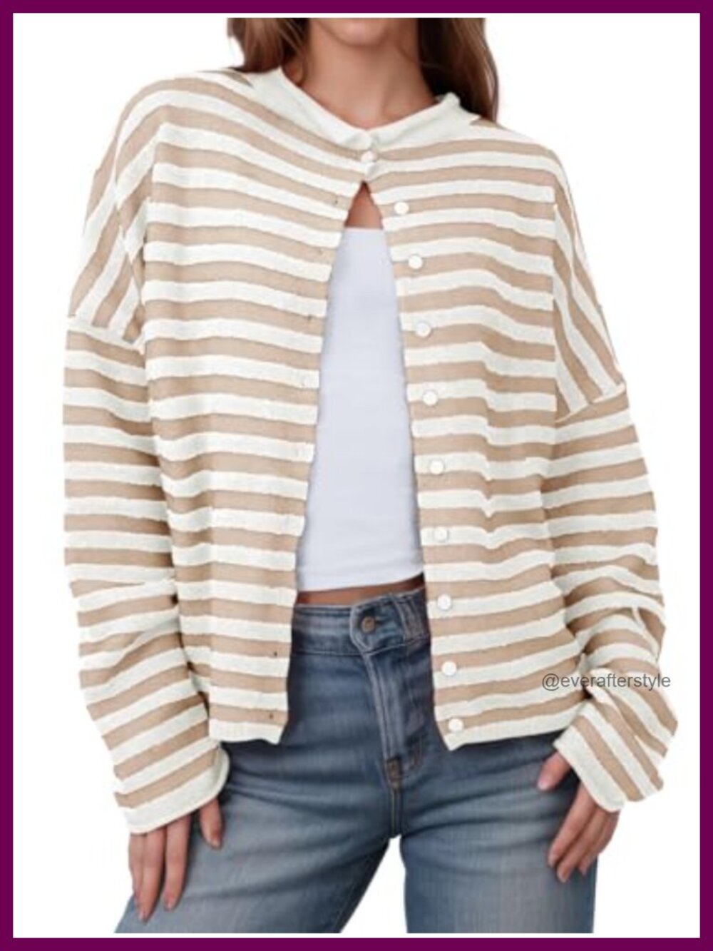 Striped Button Down Cardigan Long Sleeve Knit Top Loose Fit